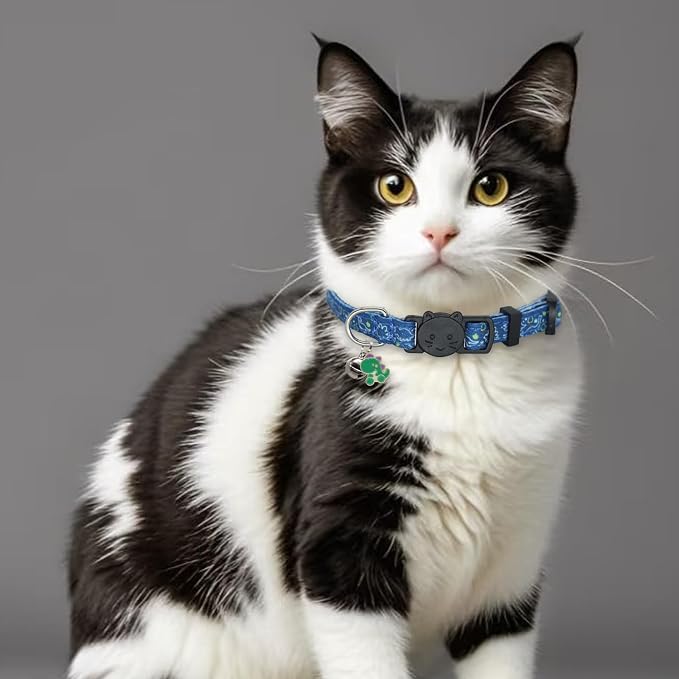 Cat Collars for Boy Cats, 2 Pack Breakaway Cotton Kitten Collar with Bells and Removable Charms, Cute Dinosaurs Shaped
