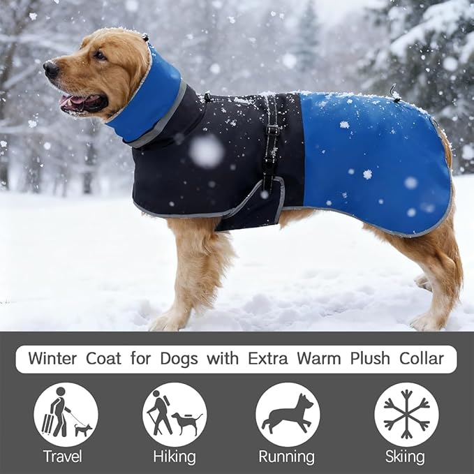 Waterproof Dog Winter Coat, Reflective Turtleneck Fleece Jacket with Snow Protection for Large Dogs, Cold Weather Pet Clothing (Blue, 5XL)