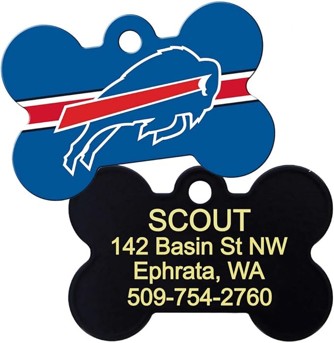 GoTags Personalized Buffalo Bills Dog Tag, Brass Metal Bone Shape Pet ID Tag Engraved with Name and Custom Text, Every NFL Football Team Pet Apparel (Large)