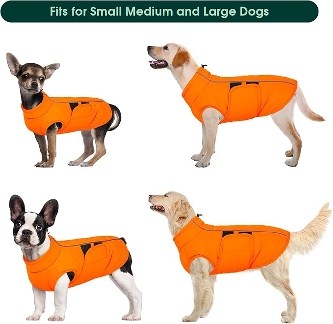 Kuoser XXXL Dog Coat, Dog Jackets for Large Dogs, Reflective Pet Winter Coat Cold Weather Coats, Doggie Snow Jacket Warm Apparel Clothes for Great Dane, Warm Hunting Vest, Orange XXXL