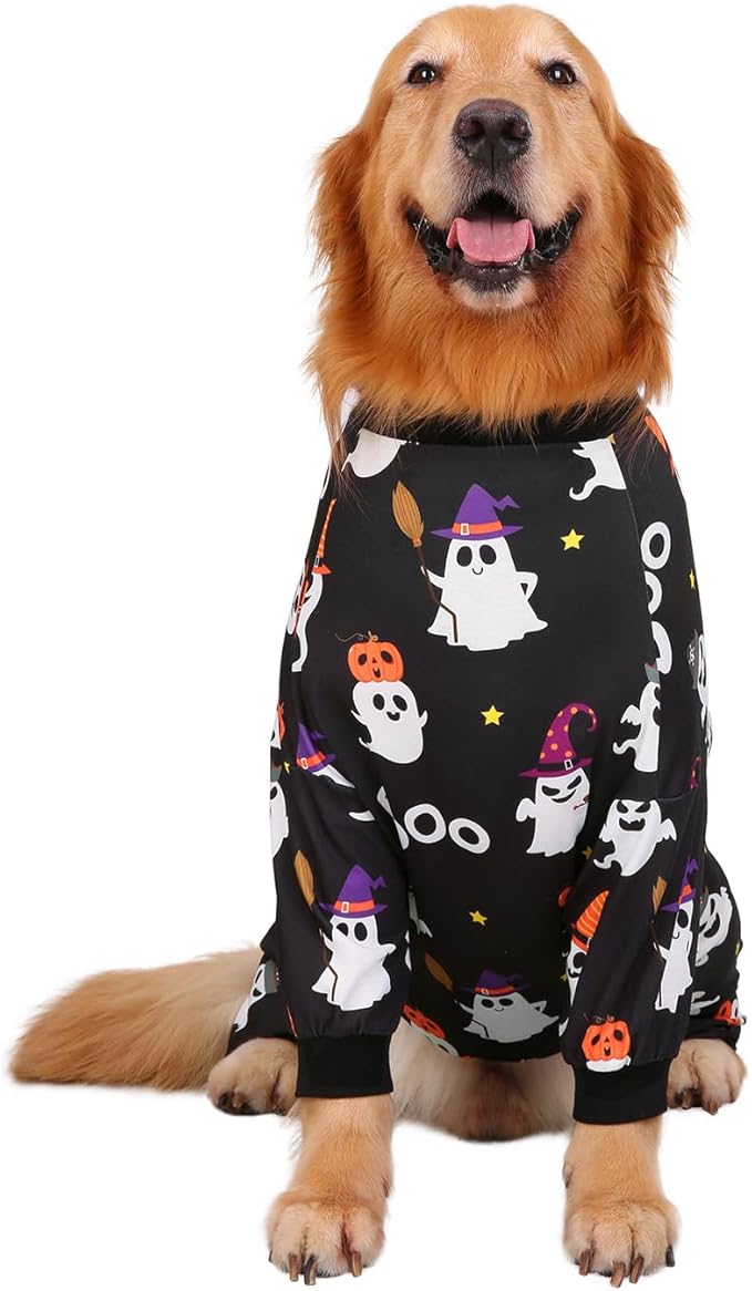 HDE Dog Pajamas One Piece Jammies Jumpsuit Pet Clothes Outfit Stretchy Lightweight Comfy Shirt Pjs for M-3XL Dogs Cute Ghosts - XL