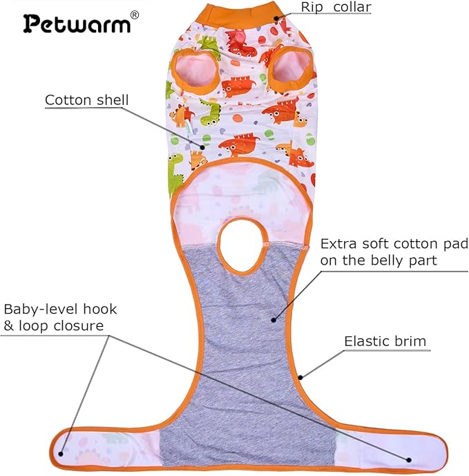 PetWarm Post Surgery Dog Onesie Female, Surgical Recovery Suit for Dogs, Professional Dog Recovery Shirt Abdominal Wounds Bandages Substitute E-Collar and Cone, Dinosaur Pattern, Yellow, M