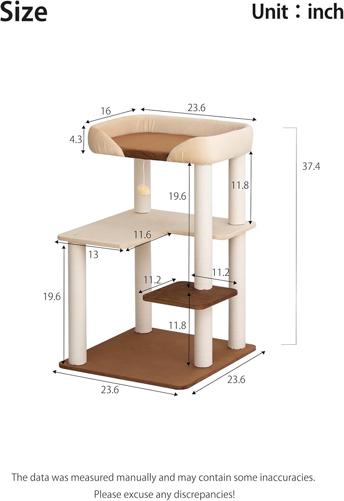 LULUCAT Modern Cat Tree for Large Cats, 37.5-Inch Tall Cat Tree Tower with Wide Shelves Low Step Cotton Scratching Posts, Super Sturdy Base, Cozy Perches, and Interactive Toys for Indoor (95cm White)