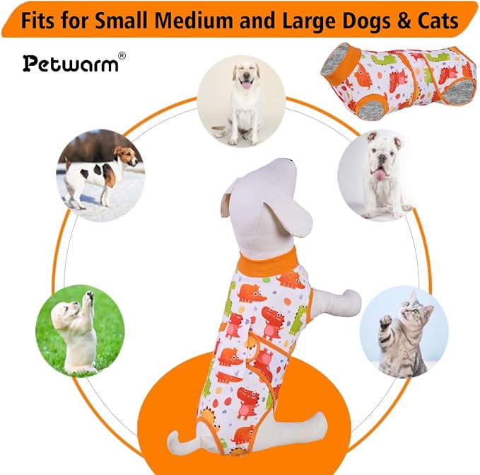 PetWarm Post Surgery Dog Onesie Female, Surgical Recovery Suit for Dogs, Professional Dog Recovery Shirt Abdominal Wounds Bandages Substitute E-Collar and Cone, Dinosaur Pattern, Yellow, M