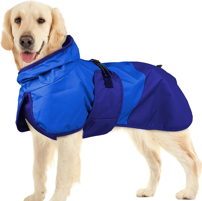 BRKURLEG Dog Raincoat Adjustable Dog Rain Jacket with Hood Dogs Waterproof Rainproof Jacket with Leash Hole Pet Poncho Rain Coat Poncho with Reflective Strip, Blue, XXL