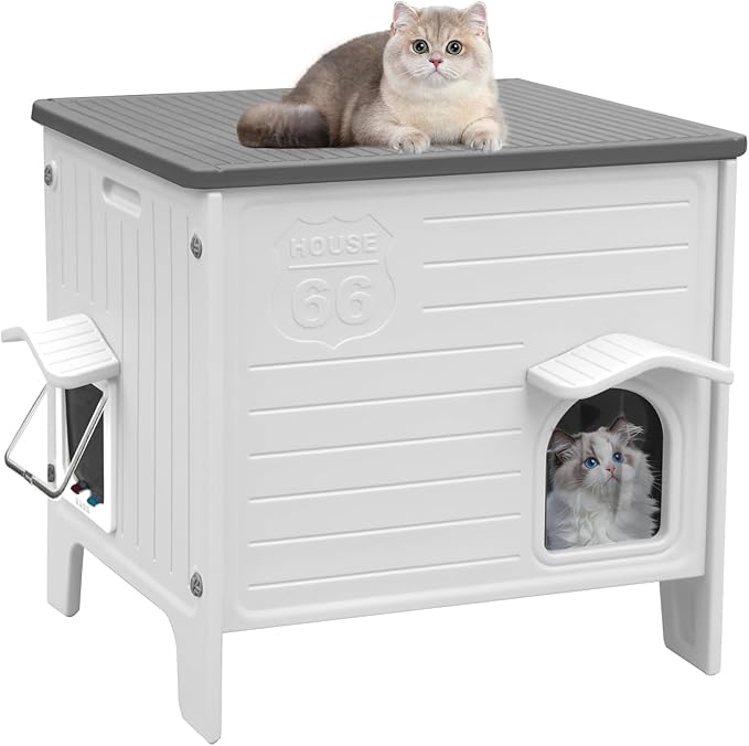CSQOO Plastic Outdoor Cat House, 100% Weatherproof Feral Cat Shelter with Safety Escape Door, Cat House with for Barn Cat,