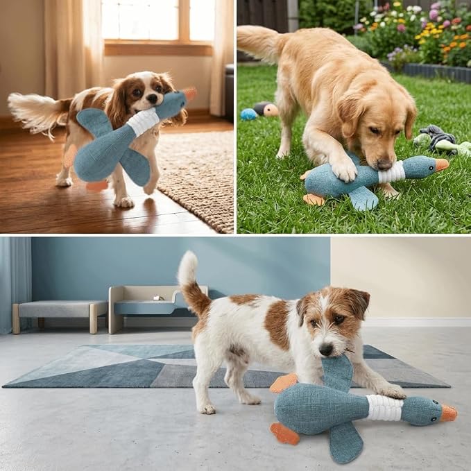 Squeaky Goose Dog Toy, Cotton Linen Blend Chew Toy for Small Medium Dogs and Cats, Interactive Play Toy with Teeth Cleaning Function(Blue)