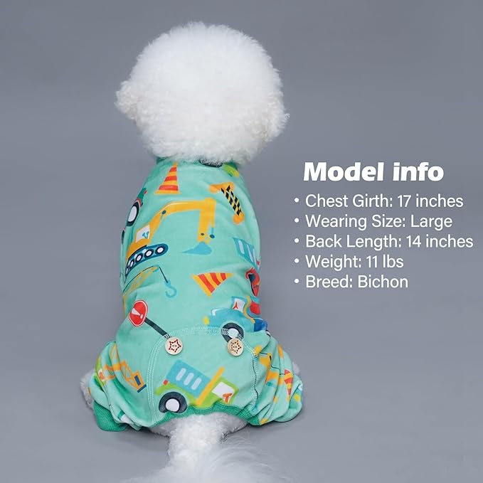 KYEESE Dog Pajamas Soft Dogs Clothes Pet Coat Velvet Dog Pajamas Small Sized Dogs Comfy Doggie Jammies Onesie Stretchy Doggie Pjs Pet Costume with Construction Vehicles Pattern, Small