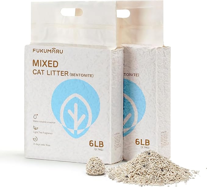 FUKUMARU Mixed Tofu Cat Litter, Strong Clumping Cat Litters, Effective Oder Control, Dust Free and Ultra Absorbent Flushable Bentonite White Tea Cat Litter, Direct to Toliet, 12 LB(2 Packs)