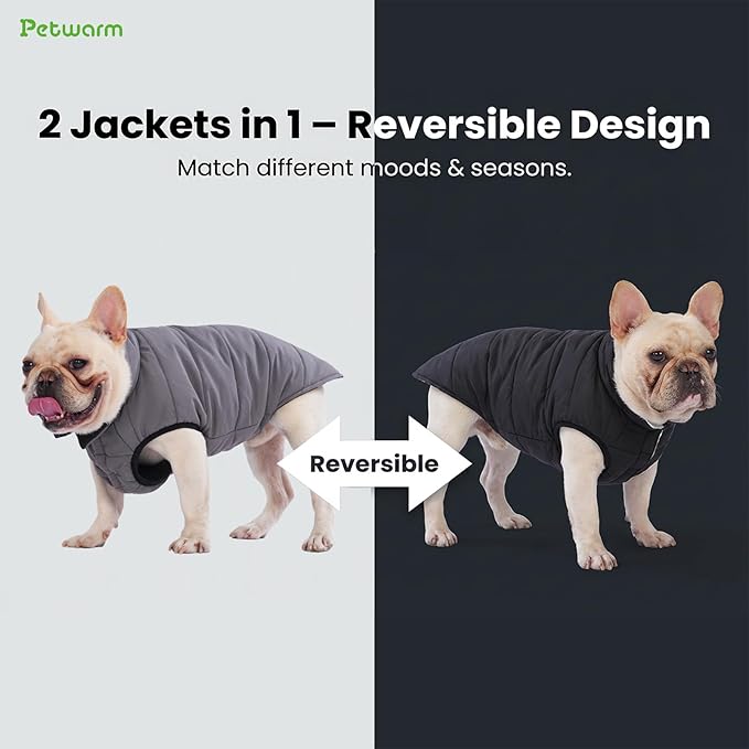 PetWarm Reversible Dog Cold Weather Coats, Waterproof Dog Puffer Vest, Vest for Dogs with Hook-and-Loop Strap, Windproof Outdoor Coat for Winter Walks and Snowy Days, Grey, S