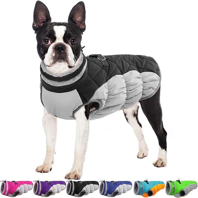 Winter Dog Coat,Large Dog Jacket,Waterproof Pet Jacket with Back Zipper,Pet Coat with Harness Built in,Warm Dogs Coat with Fleece Lined,Snow Jacket Clothes French Bulldog Shiba Inu,Black,L