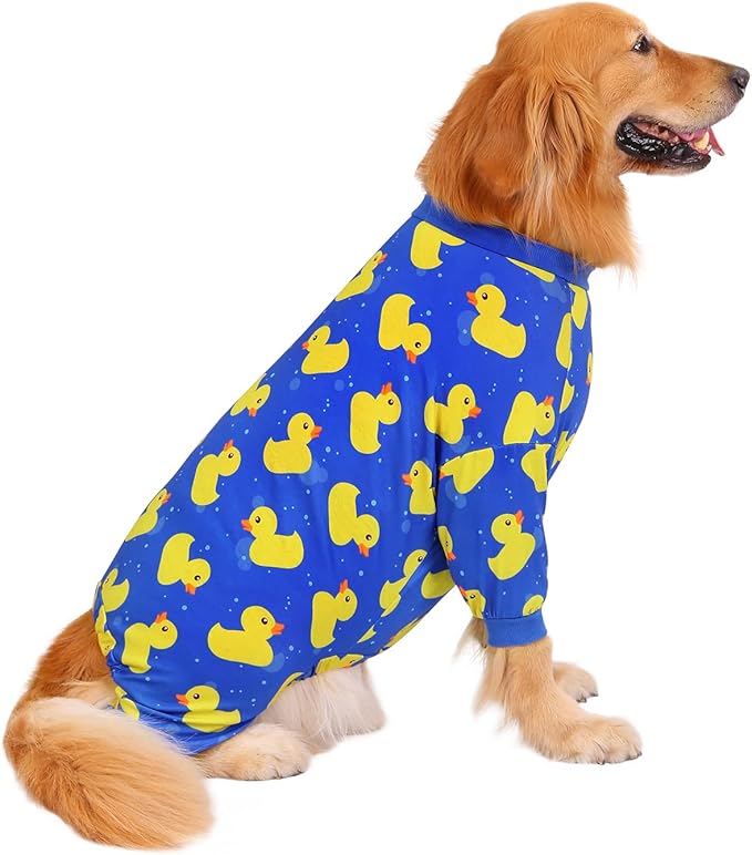 HDE Dog Pajamas One Piece Jammies Jumpsuit Pet Clothes Outfit Stretchy Lightweight Comfy Shirt Pjs for M-3XL Dogs Ducks Blue - 3XL