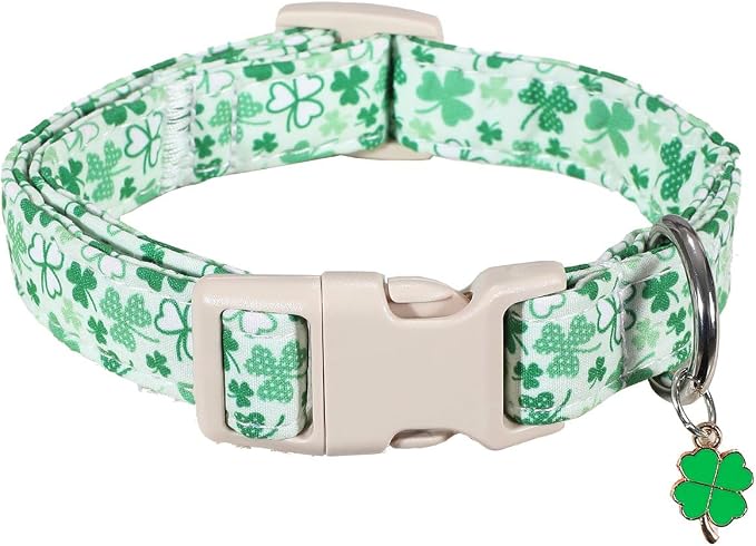 Green Dog Collar, Cute Spring Theme Dog Collar with Green Clover Print for Small Dogs, Small Puppy Collar for Girl Dogs & Boy Dogs, S