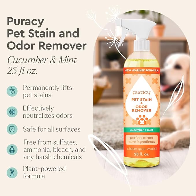 Puracy Pet Stain and Odor Remover - Enzyme Cleaner for Dog Urine and Poop Carpet - Cat Pee Enzyme for Cat Urine Cleaner Destroyer - Cucumber & Mint, 25oz