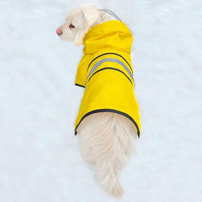 Dog Raincoat Waterproof Reflective Slicker - Lightweight Breathable Hooded Poncho Rain Coat Jacket with Adjustable Belly Strap and Leash Hole for Small Medium Large Dogs (Small, Yellow)