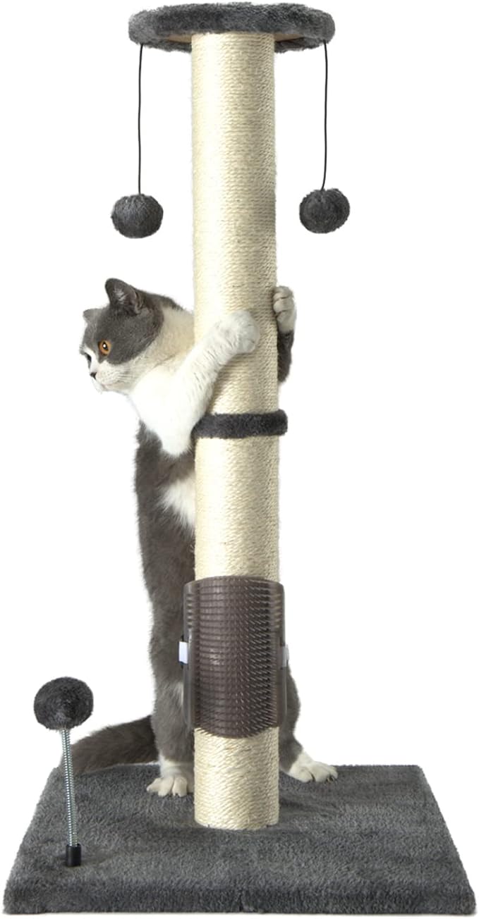 PEEKAB 32" Tall Cat Scratching Post Sisal Scratch Posts with Hanging Ball and Self-Massage Brush Vertical Scratcher for Indoor Cats and Kittens Gray 32inches