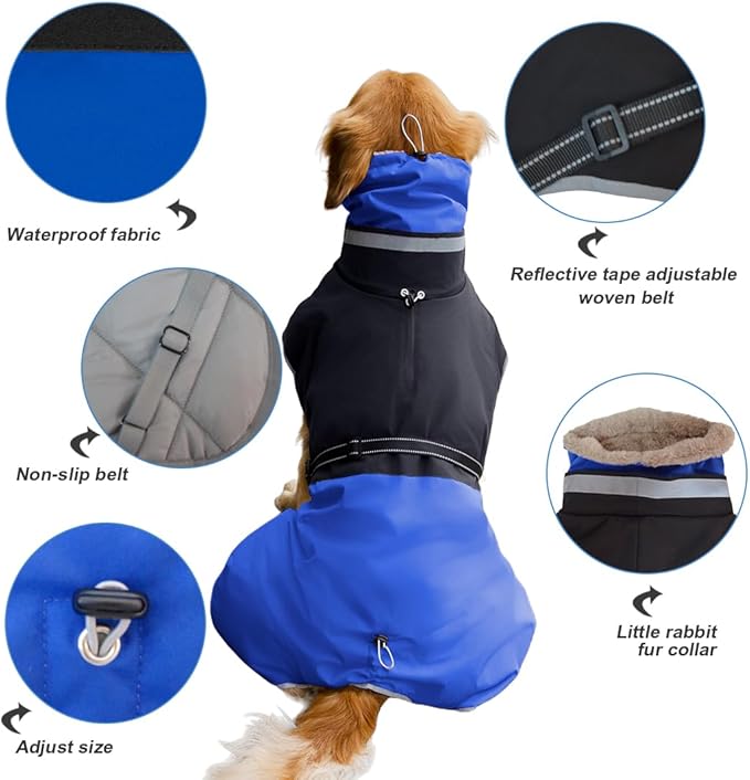 Waterproof Dog Winter Coat, Reflective Turtleneck Fleece Jacket with Snow Protection for Large Dogs, Cold Weather Pet Clothing (Blue, 6XL)