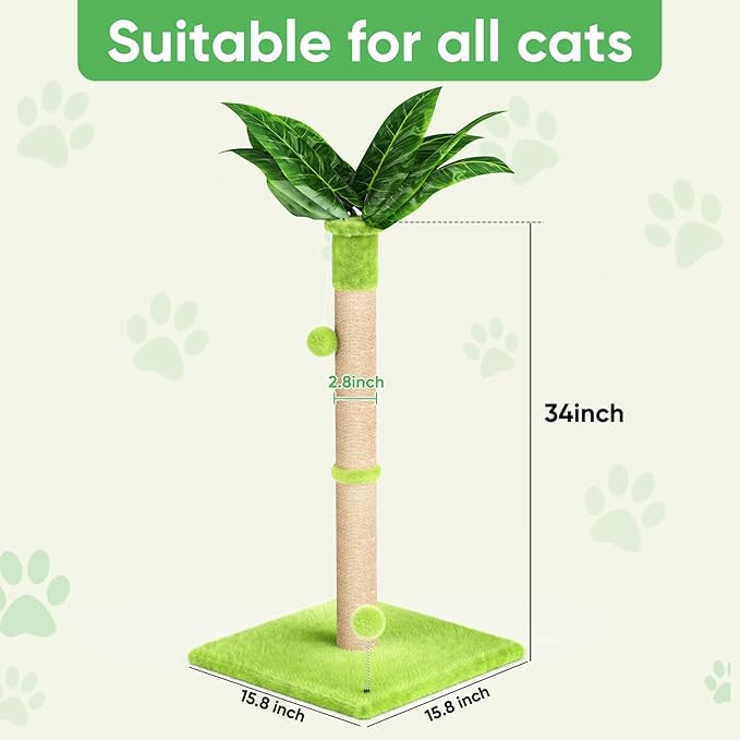 XiaZ Cat Scratching Post 34'' Tall, Cat Scratchers Tree Tower for Indoor Kitty with Extra Wide 15.8" Stable Base and 2 Toy Balls, Natural Sisal & Plush Fabric for Small, Medium Cats (Green, 2.8in)