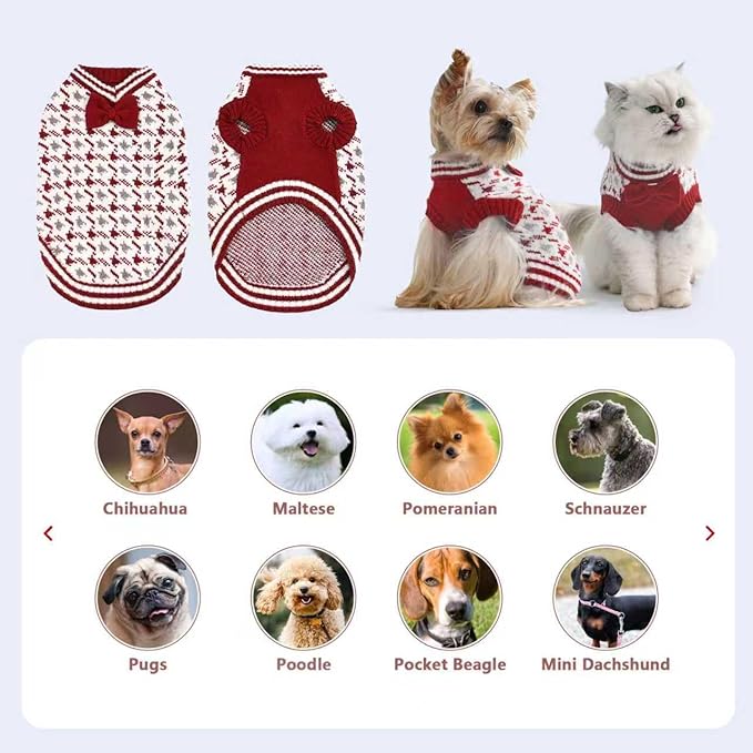 Christmas Halloween Small Dog Sweaters Girl Pet V- Neck Doggy Sweater Knit Dog Sweater for Pomeranian Bichon Frise Pug Cold Weather Outfit Pet Formal Dress (RED，L)