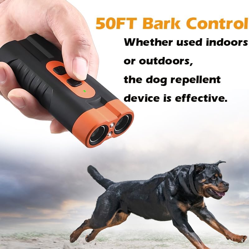 Dog Bark Deterrent Device Rechargeable,Anti Bark Tool for Dogs,Ultrasonic Dual Emitter 50ft Safe Correction Tools to Control Dog's Bark 25KHz,Trainer Barking Silencer Indoor&Outdoor with Flashlight