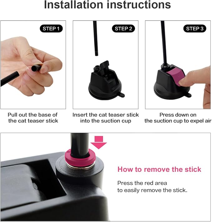 TTcat Suction Cup Cat Toy Wand, 2 in 1 Handheld & Free Standing Interactive Cat Teaser with 8 Pcs Replaceable Feather Bird Insect Refills, Long Flexible Wire Cat Wand Toy for Indoor Cat Self Play.
