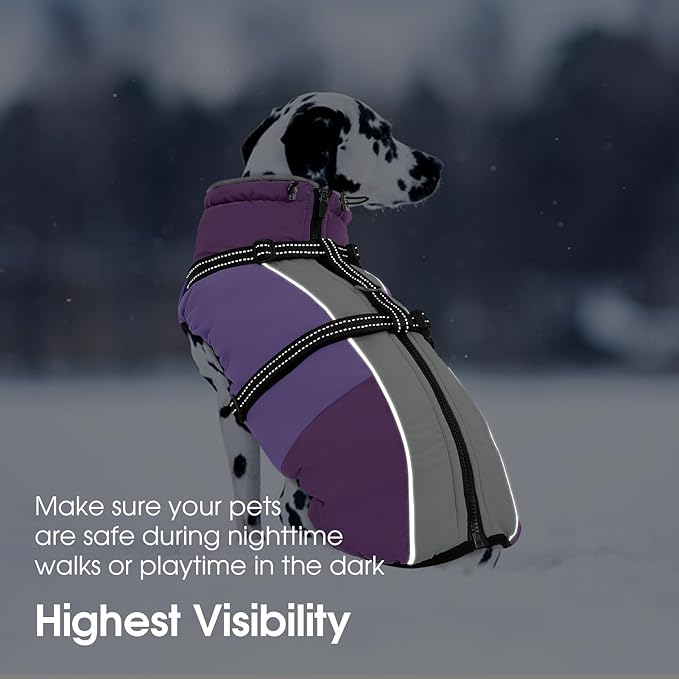 SUNFURA Dog Coat, XXXL Dog Jacket with Harness Built in, Waterproof Pet Winter Coat Snowsuit with Zip, Reflective Fleece Jacket for Extra Large Dogs, Great Dane, Purple 3XL