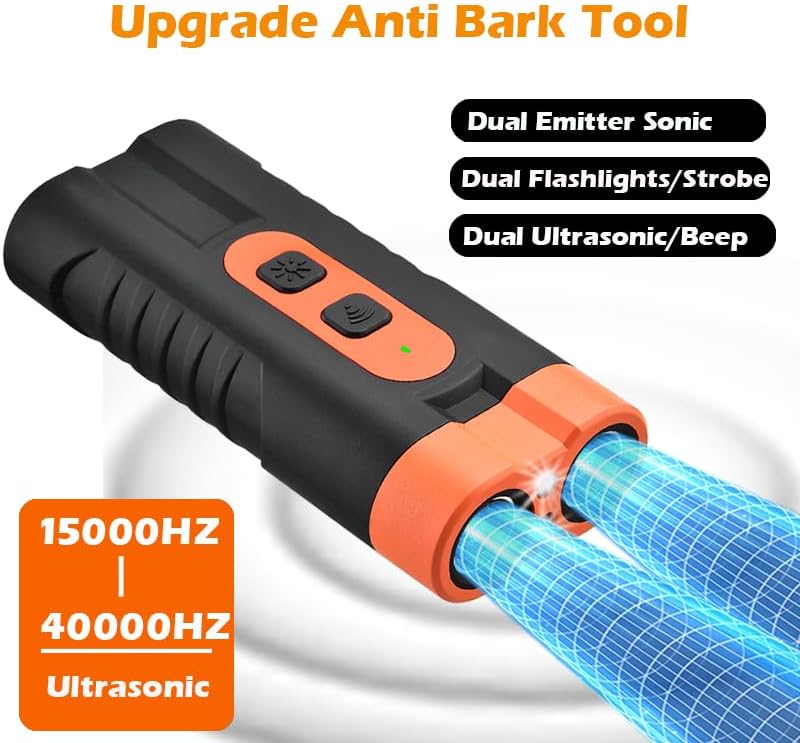 Dog Bark Deterrent Device Rechargeable,Anti Bark Tool for Dogs,Ultrasonic Dual Emitter 50ft Safe Correction Tools to Control Dog's Bark 25KHz,Trainer Barking Silencer Indoor&Outdoor with Flashlight