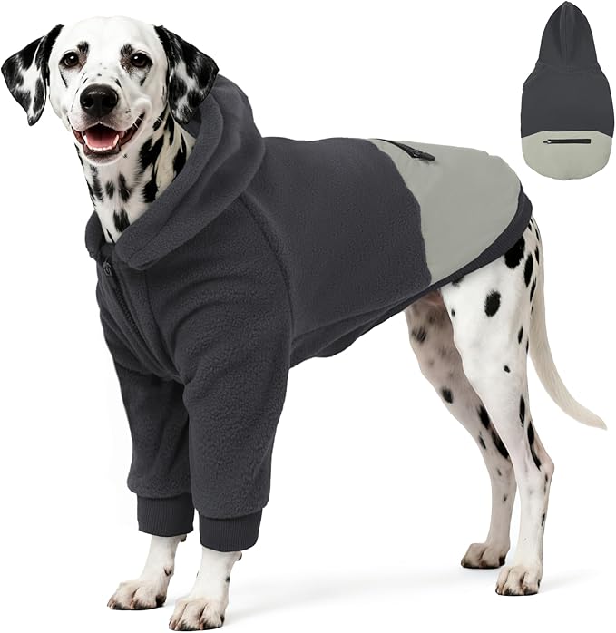 Dog Hoodie for Large Dogs, Fleece Sweatshirt with Pocket Long Sleeves Adjustable Zip, Warm Jacket Boy Girl for Bulldog Pug, Cold Weather Christmas Holiday Indoor Outdoor, Grey, XL
