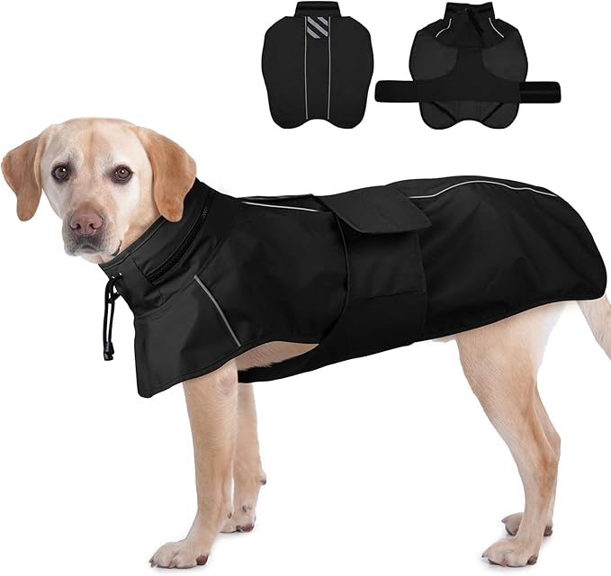Dog Raincoat Waterproof , Reflective Adjustable Rain Jacket with Leash Hole, Convertible Hood/Collar Rain Coat for Dogs Poncho Breathable Lightweight (Black, XL)