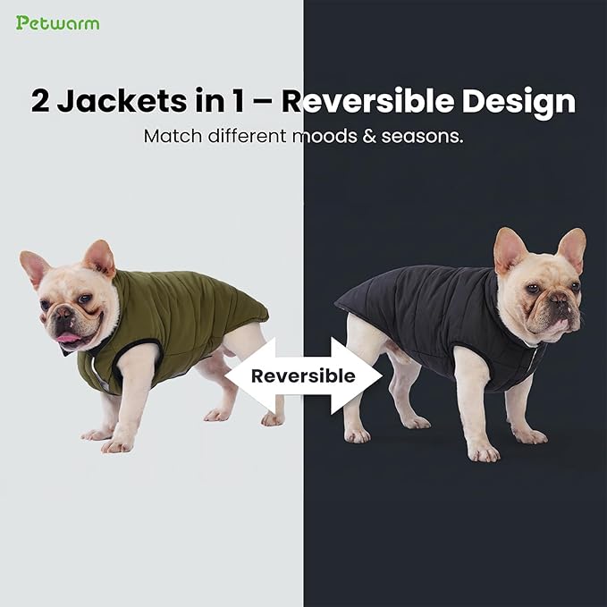 PetWarm Reversible Dog Winter Coat, Windproof Dog Puffer Vest, Soft Vest for Dogs with Hook-and-Loop Strap for Easy Dressing, Waterproof Coat for Dogs with Adjustable Fit, Green, M