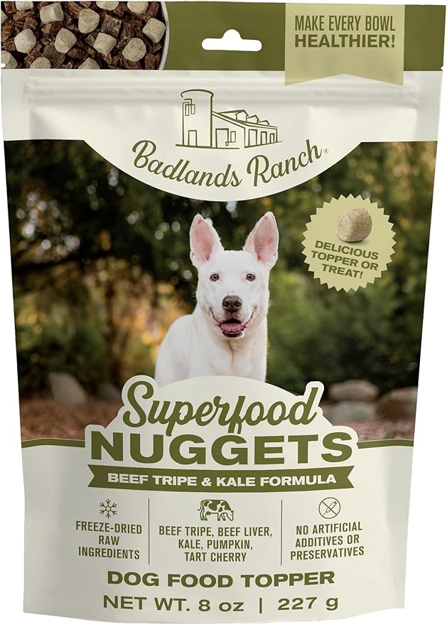 BADLANDS RANCH Superfood Nuggets – Freeze-Dried Raw Dog Treat & Food Topper, Nutrient-Dense Beef Tripe & Kale Formula, High Protein, No Artificial Additives, 8oz Bag