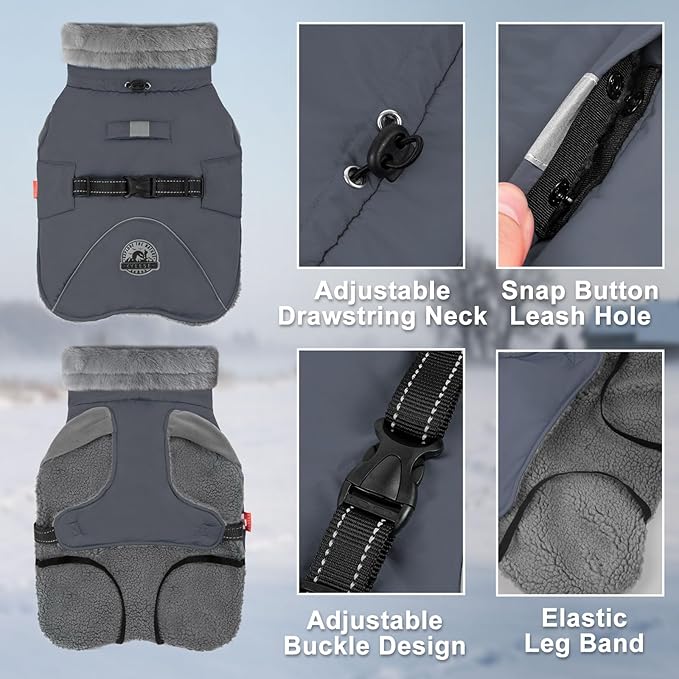 KYEESE Waterproof Dog Coat, Windproof Warm Winter Jacket with Thick Fleece Lined, Cozy Turtleneck Dog Coats for Large Dogs with Leash Hole, Reflective Outdoor Cold Weather Coat, Gray, XXX-Large