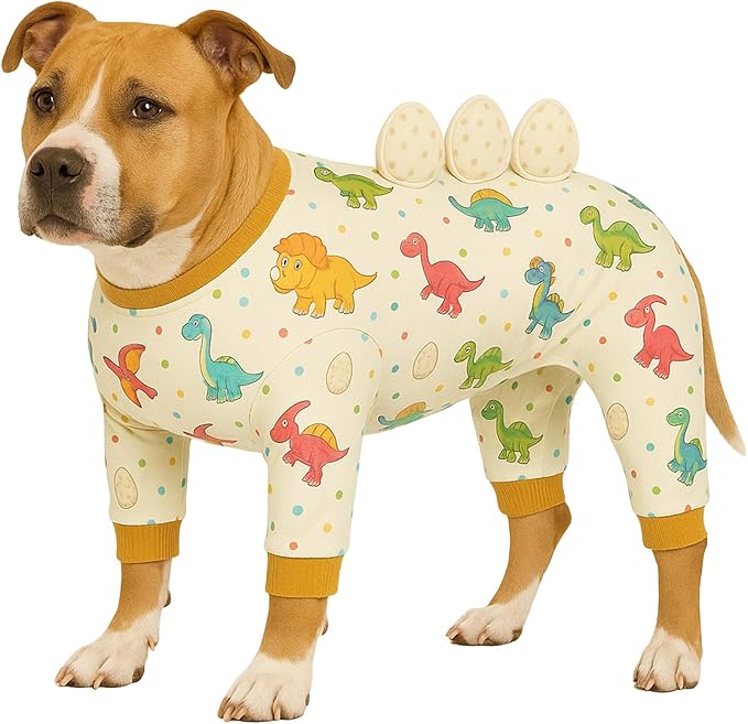 LovinPet Large Dog Pajamas, Four-Leg Stretch Onesie Bodysuit, Lightweight UV-Shielding Pajamas, Anti-Lick Calming Recovery Suit for Surgery, 3D Dino Egg Spikes, Easy on/Off， White， XL