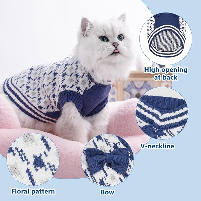 Small Dog Sweaters Boy Pet V-Neck Doggy Sweater Knit Christmas Halloween Dog Sweater for Pomeranian Bichon Frise Pug Cold Weather Outfit Pet Formal Dress (Blue, L)