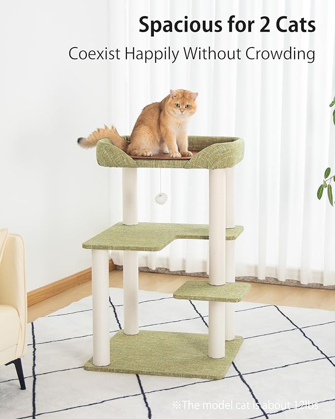 LULUCAT Cat Tree Tower 37.4'' (95 cm) with Scratching Posts,Multi-Level Cat Tree Tower with Wide Shelves for Senior Friendly Baby/Large Cats, Scratching Posts(Olive Green)