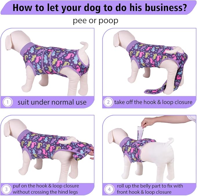 PetWarm Dog Surgical Suit Female Spay, Onesie for Dogs After Surgery, Substitute E-Collar and Cone, Pet Surgery Recovery Suit, Anti-Licking Dog Surgery Recovery Suit Soft, Dinosaur Pattern, Purple, M