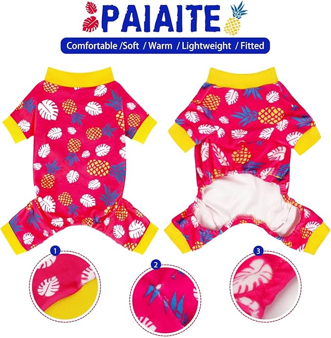 Paiaite 4-Legged Cotton Stretchable Jumpsuit Pjs: Pineapple Pattern Dog Pajamas - Lightweight Cozy Puppy Onesie Clothes, Comfortable Pet Sleepwear Jammies for Hair Shedding Coverage White Edge 4XL