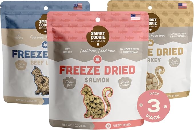 Smart Cookie Freeze Dried Cat Treats Variety Pack – Minimal Ingredient, High-Protein Snacks for Picky Cats – Beef Liver, Turkey, and Wild Caught Salmon – No Fillers, Made in The USA – 1oz (3 Pack)
