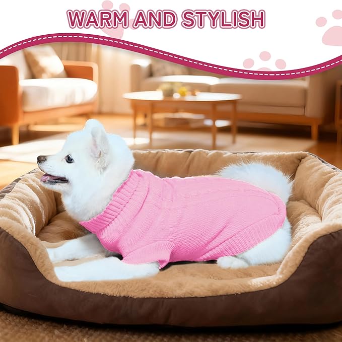 Knitted Dog Sweater for Small Dogs, Pullover Turtleneck Pet Sweaters, Winter Dog Clothes, Warm Soft Winter Holiday Cat Sweater, Pink, XS