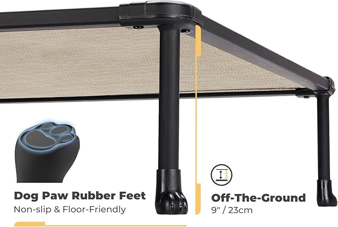 Veehoo Chewproof Elevated Dog Bed - Cooling Raised Pet Cot, Breathable Mesh, Washable & Non-Slip for Large Dogs, Indoor/Outdoor, Beige Coffee Mat and Black Frame, 59x37inches (Model CWC2203A03)
