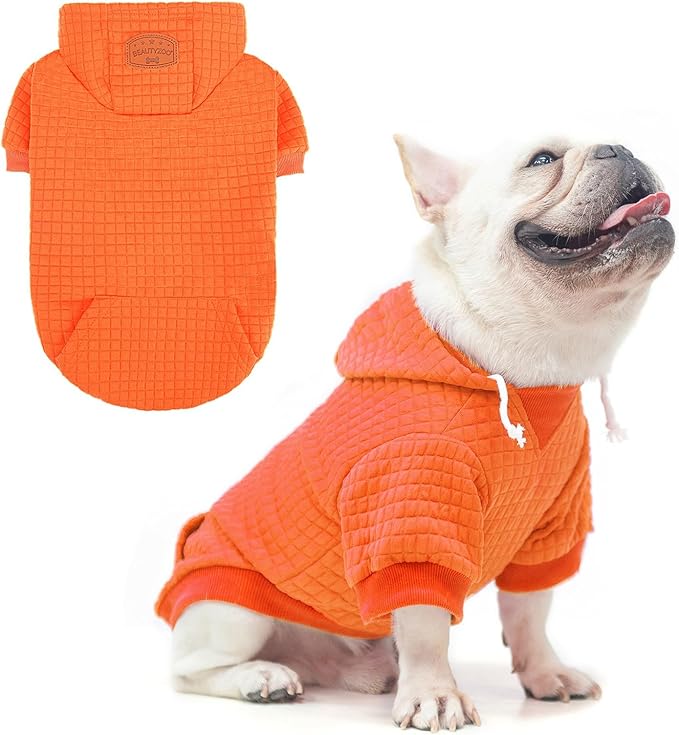 BEAUTYZOO Small Dog Hoodie Sweater with Pockets, Dog Clothes for Small Medium Dogs Boy Girl, Waffle-Like Laminated Cotton Pet Coats with Hat and Leash Hole, Orange ML
