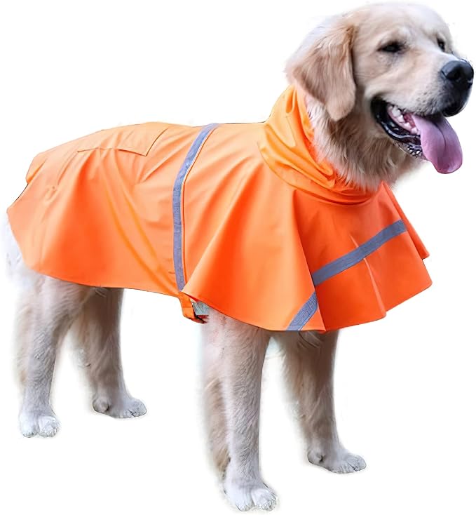 NACOCO Large Dog Raincoat Adjustable Pet Water Proof Clothes Lightweight Rain Jacket Poncho Hoodies with Strip Reflective (L, Orange)