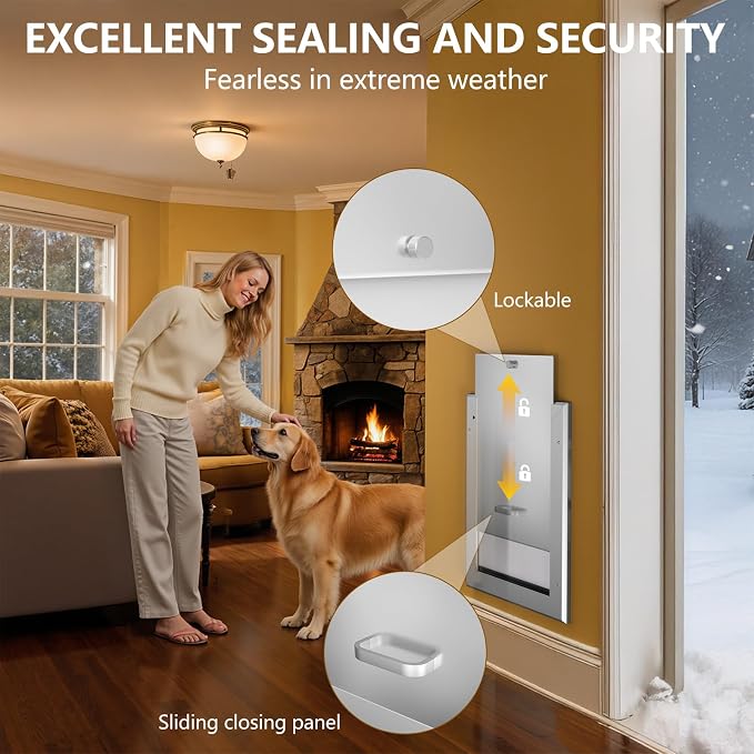 Ownpets Aluminum Large Dog Door for Wall and Door, Double Flap Energy Efficient, Telescoping Tunnel and Lock Panel, Heavy Duty Doggy Door for Dogs Up to 100lbs | Inner 11.4* 17.7 For Dog ≤100lbs, Telescoping Tunnel, Double Flap Insulation Energy Effici...
