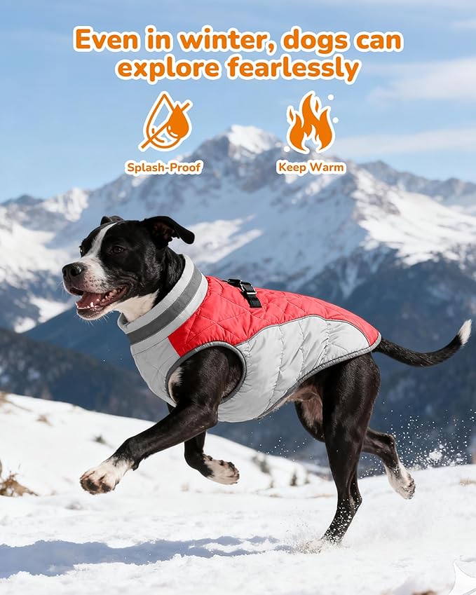 Dog Coat for Medium Dogs, Adjustable Dog Jackets for Cold Weather, Reflective Winter Coat with Built-in Harness, Snowsuit Fits Dogs 14-25 lbs and Up, Size M Red