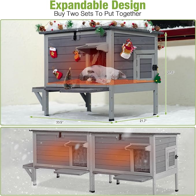 GUTINNEEN Heated Cat House for Outside Outdoor Cat House Insulated Weatherproof Feral Cat Shelter with Heater and Insulated Liner