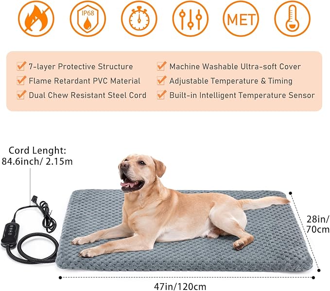 INVENHO Extra Large Pet Heating Pad, Adjustable Temperature Waterproof Dog Cat Heating Pad with Timer, Electric Pet Heated Mat