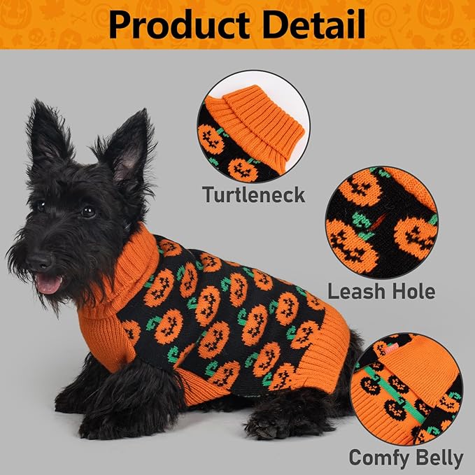 KYEESE Halloween Dog Sweater for Small Dogs with Leash Hole Adorable Pumpkin Pattern Turtleneck Doggie Outfit Soft Warm Knitwear Orange Knitted Dog Clothes Girl Festive Lightweight Halloween, Medium