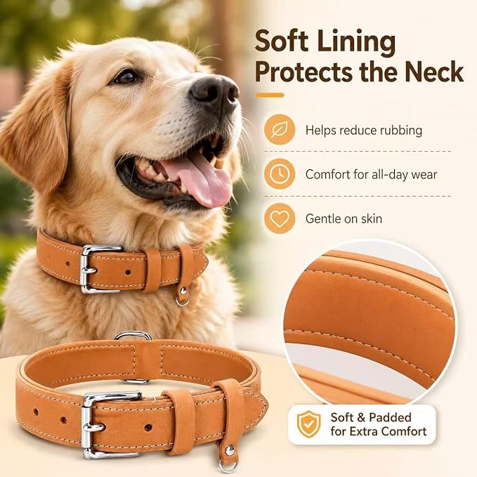 Genuine Leather Dog Collar, Soft Padded Leather Dog Collars with Airtag Holder Case for Small Medium Large X-Large Dogs,Comfort Heavy Duty Pet Collar with Durable Metal Buckle & D-Ring-Khaki/XL