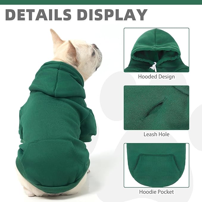 KOOLTAIL Basic Dog Hoodie - Soft & Warm Pet Hoodie Sweater with Leash Hole and Pocket, Dog Winter Coat, Cold Weather Clothes Sweatshirt for Small Medium Large Dogs Puppy Cat Boys Girls Deep Green XS