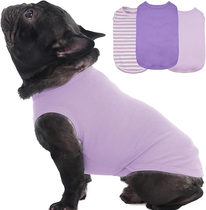 3 Pack L-Striped Purple Dog Tshirt,French Bulldog Large Sleeveless Tee to Prevent Overheating,Seaside,Backyard,Lightweight Cozy Indoor Lounge Wear,Striped & Solid Color(Purple,L)